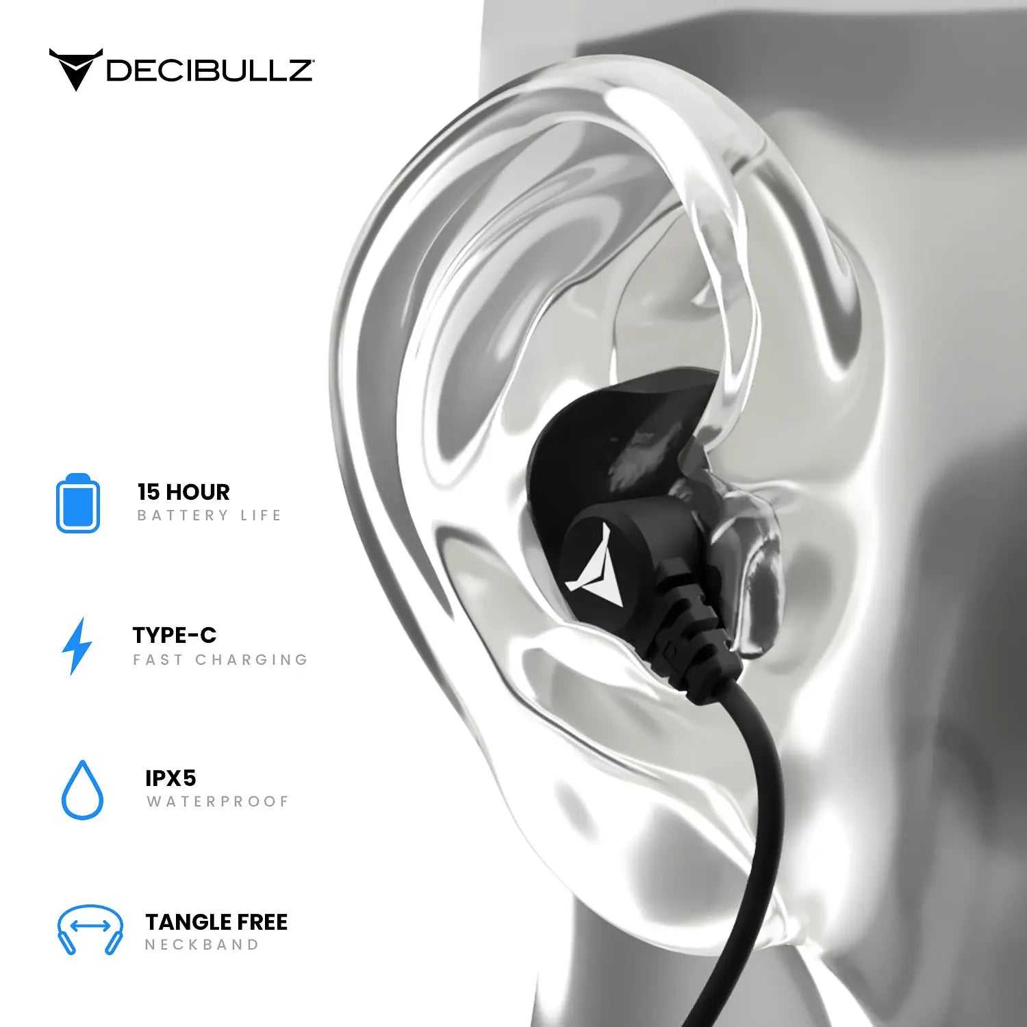 A promotional image of Decibullz SAFE + SOUND Wireless Headphone Conversion Kit shows a close-up of an ear with a custom molded headphone inserted. Text on the left highlights key features: 15-hour battery life, Type-C fast charging, IPX5 waterproof rating, and a tangle-free neckband.